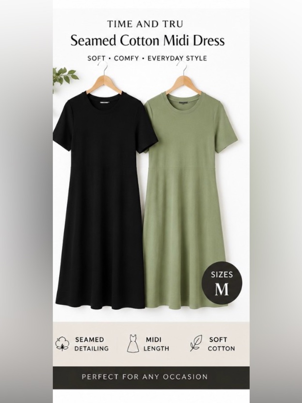 NWT Set of 2 Time and Tru Seamed Cotton Midi Dress size M
